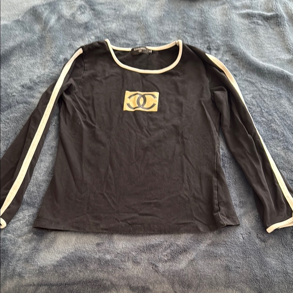 CHANEL Black and White Fitted Long Sleeve Blouse